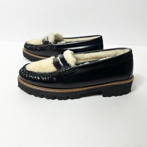 GH BASS Loafer Women 5.5 Black Leather Shearling Whitney Cozy Weejun Lug NEW - Picture 7 of 9